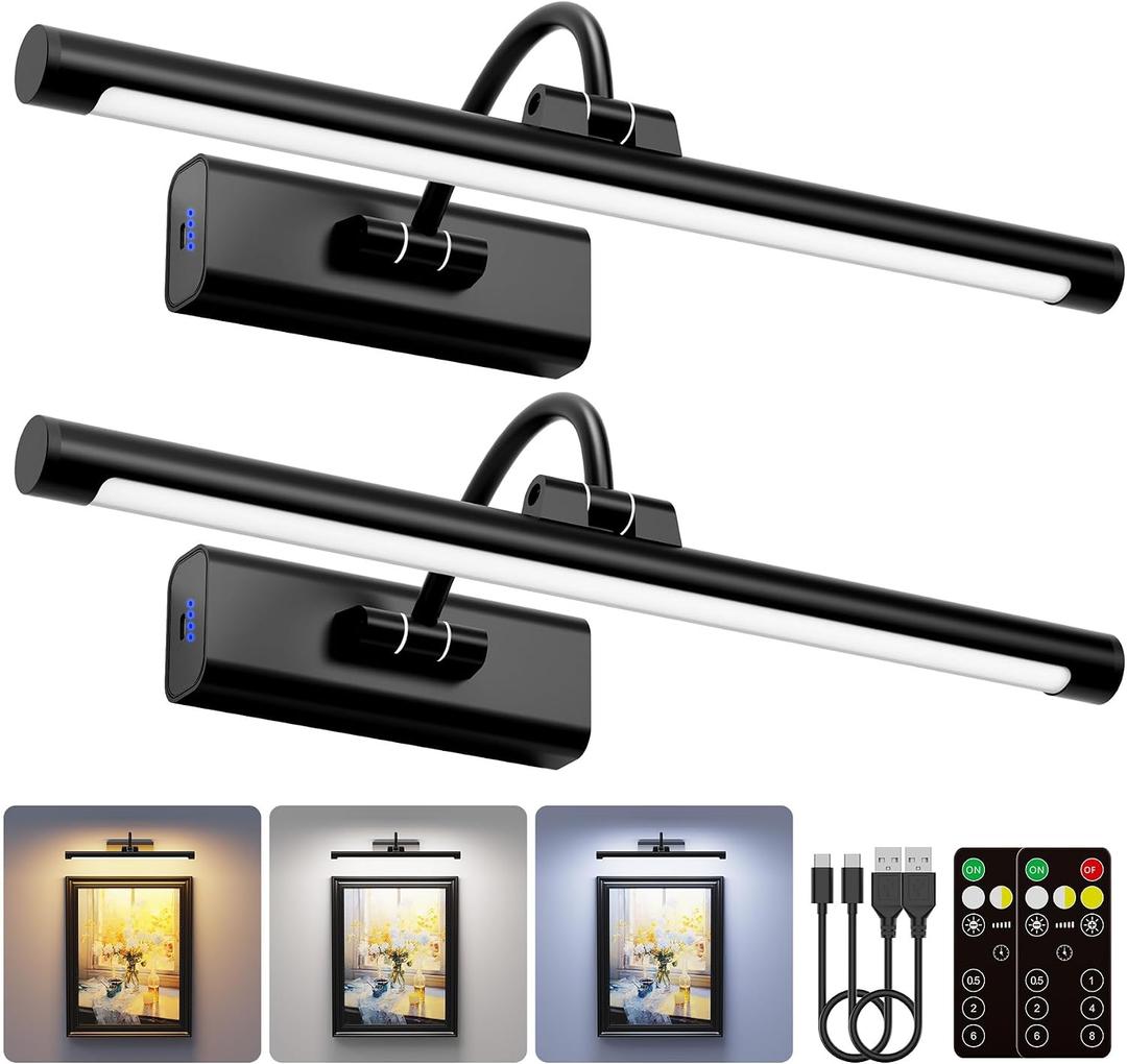 2 Pack Picture Lights for Wall 6000mAh - 16" Black Cordless Battery Powered Wall Mount Sconce with Dimmable Remote for Gallery Wall & Art Decor, 16IN 2Pack