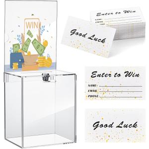 Teling Tall Acrylic Donation Box with Lock and Sign Plate Safe Suggestion Box with 100pcs Raffle Tickets Cards for Raffle, Money, Voting, Charity, Suggestion (Transparent, 6.7 x 5 x 8 Inch)