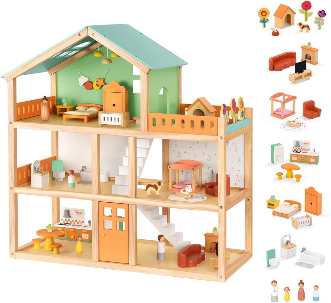 OOOK Large Wooden Dollhouse with 42 Pcs Luxurious Furniture Accessories, 3-Story Doll House 6 Rooms Balcony Wooden Stairs, Ideal Modern Doll House for 3 Year Old