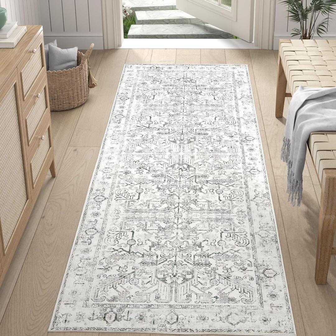 jinchan Lima Runner Rug 2x6 Washable Hallway Runner - Vintage Floral Non Slip Low-Pile Soft Ultra-Thin Kitchen Rug Distressed Carpet for Farmhouse Bedroom Entryway Laundry Room (2x6ft, Grey)