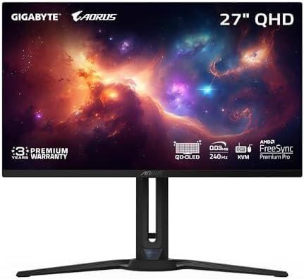 GIGABYTE - AORUS FO27Q2 (SA) - 27" QD-OLED Gaming Monitor - QHD 2560x1440-240Hz - 0.03ms GTG - AMD FreeSync Premium Pro - Type C KVM - HDMI, DP, Type C - Height Adjustable - Black, Only Display
