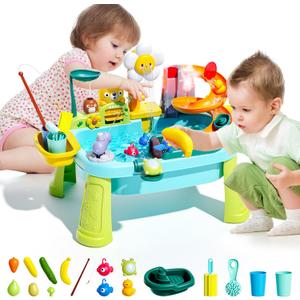 2026 Upgraded Toddler Sand Water Table Toy with Electric Water Pump, Kids Sand Water with Faucet/Play Food Accessories/Fishing Toy, Kitchen Play Sink Toys for Girl Boy Age 3+ (Blue)