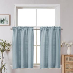 Chyhomenyc Curtains 30 Inch Length, Faux Linen Textured Small Cafe Curtains, Light Filtering Short Curtain for Bathroom Window, 30x30 Inch, 2PCS, Aqua with Greenish Tone