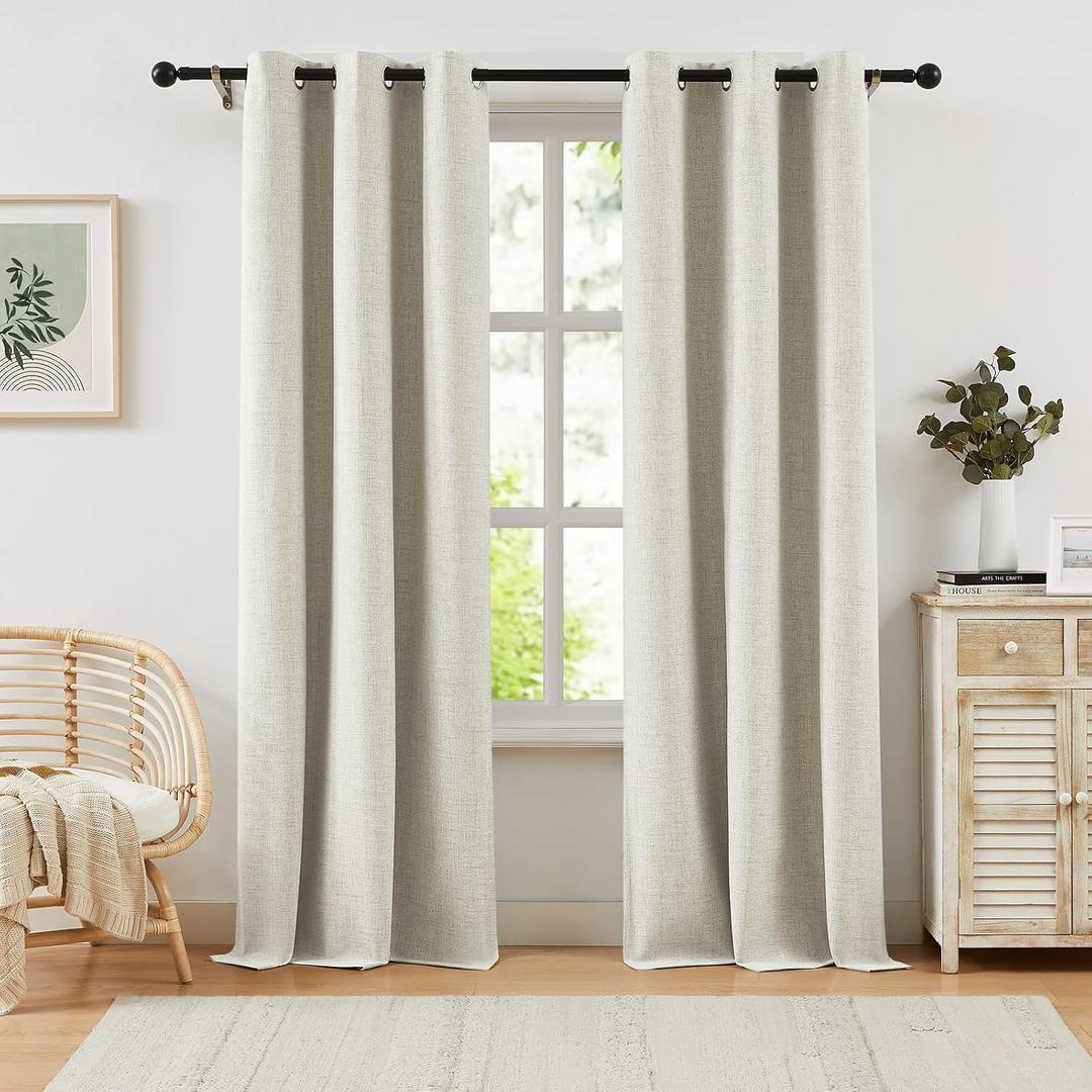 Natural 100% Blackout Linen Curtains for Bedroom 84 Inch Length 2 Panels Set,Farmhouse Thick Textured Window Curtains for Living Room,Grommet Room Darkening Curtains & Drapes,42" W x 84" L