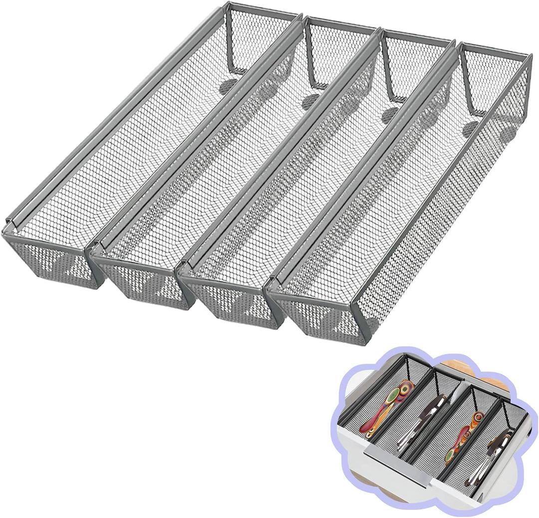 4PCS Drawer Organizer for Kitchen,Utensil Mesh Drawer Organizer with Interlocking Arm for Cosmetic,Flatware,Pen (12 * 3 * 2 Inches,Grey)