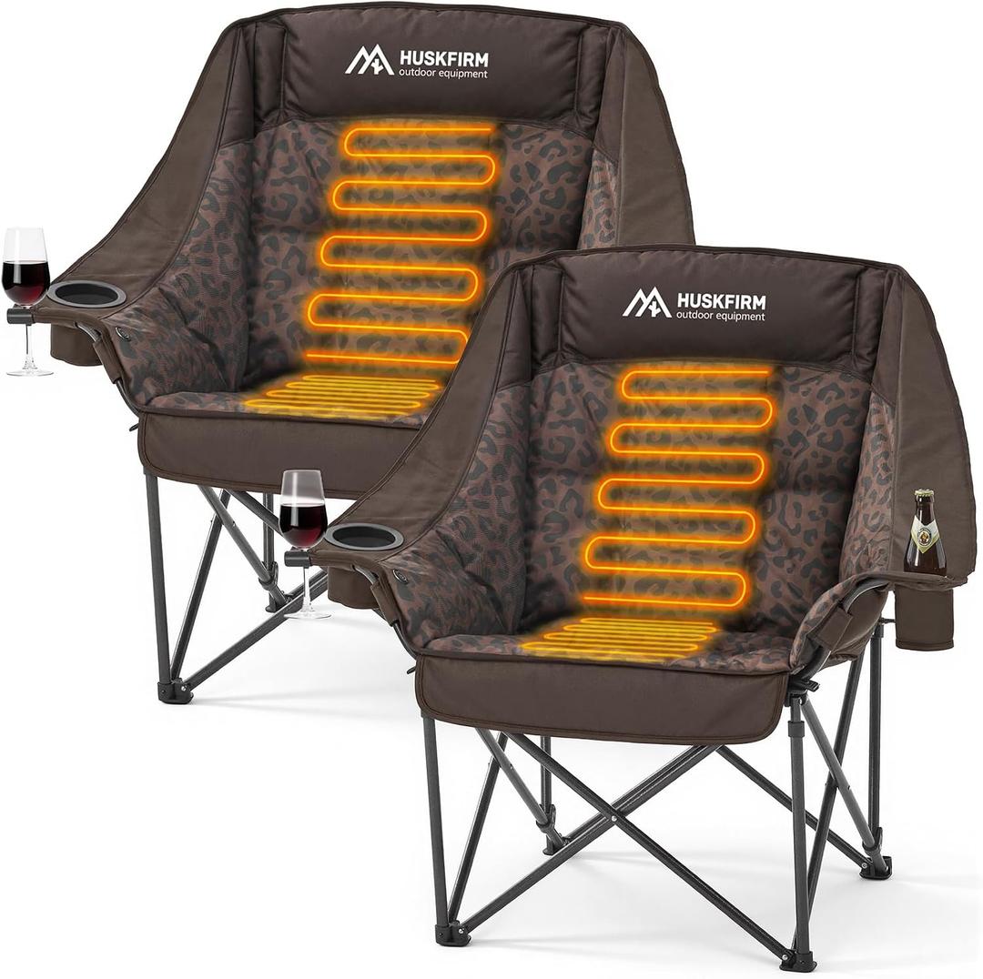 Oversized Heated Camping Chair with 3 Levels Temperature 2 Pack, Brown | Fully Thick Padded Camping Chair Comfortable Camping chair for Adults Heated Chair for Outdoor Use (Battery Not Included)