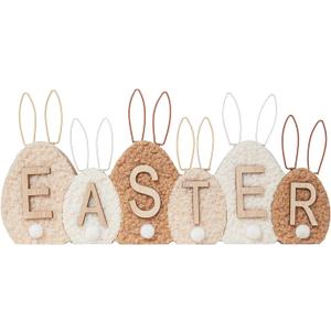 DN DECONATION Easter Decor SignWooden Egg-Shaped Bunny Tabletop Decor with Sherpa Cover Rustic Farmhouse Centerpiece for Table Mantel Shelf Home Office Spring Decorations