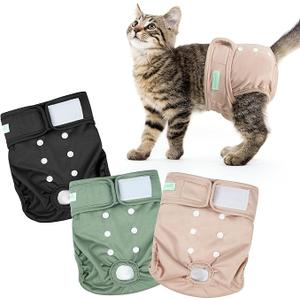 Wegreeco Cat Diapers, Cat Diapers for Male Female Cats Spraying Incontinence, Reusable Adjustable Highly Absorbent (3 Pack, Large) Green, Gold, Black