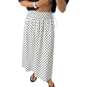 Tankaneo Womens Polka Dot Maxi Skirts Boho Smocked High Waisted Tie Skirt Casual Beach Vacation Dress (White, S)