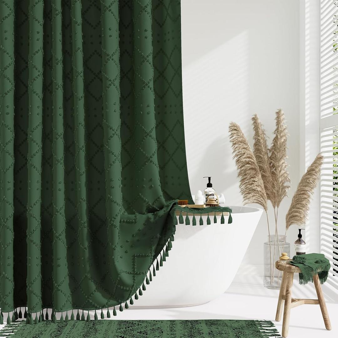 Dynamene Dark Green Fabric Shower Curtain, Boho Tufted Geometric Striped Tassel Shower Curtain for Bathroom, Shabby Chic Textured Farmhouse Waterproof Cloth Shower Curtain Set, Wrinkle Free, 72"x72"