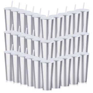 Ahongwenxi 30 Pack Silver Plastic Cups with Lids and Straws, 24 oz Disposable Plastic Tumblers Iced Coffee Cups Travel Mug Cup for Juices Birthday Bachelorette Party Wedding (Silver, 24 oz)