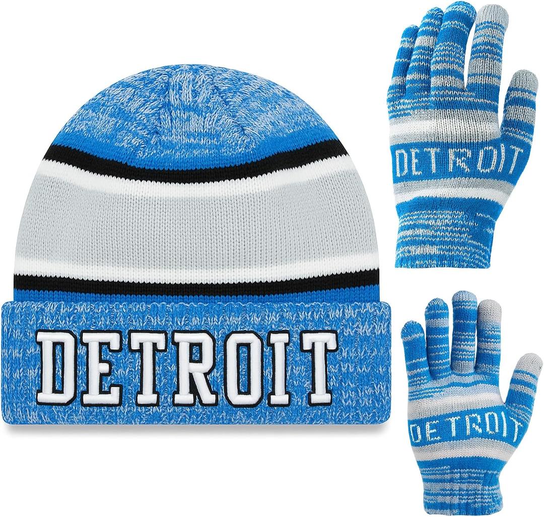 Vintage Classic Skull Cap 3D Embroidery Beanie Cuffed Winter Hat Knit Comes with Warm Gloves Fasion Gifts for Men Women Fans (Blue)