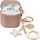 OLEBAND Case Fit for Airpod 1st/2nd Generation with Cute Bling Keychain,iPods Silione Cover Compatible for Apple Air pod/iPod 2 and 1 Gen Case,LED Visible,for Women and Girls,Milk Tea