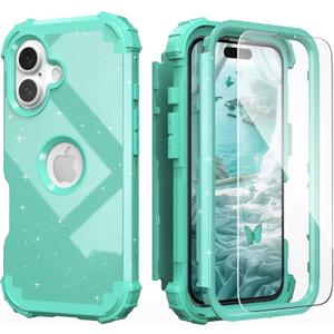 IDweel for iPhone 16 Case with Screen Protector for Women, 3 in 1 Shockproof Slim Fit Hybrid Heavy Duty Hard PC Cover Soft Silicone Bumper Full Body Anti-Fingerprint Case,Glitter Cyan