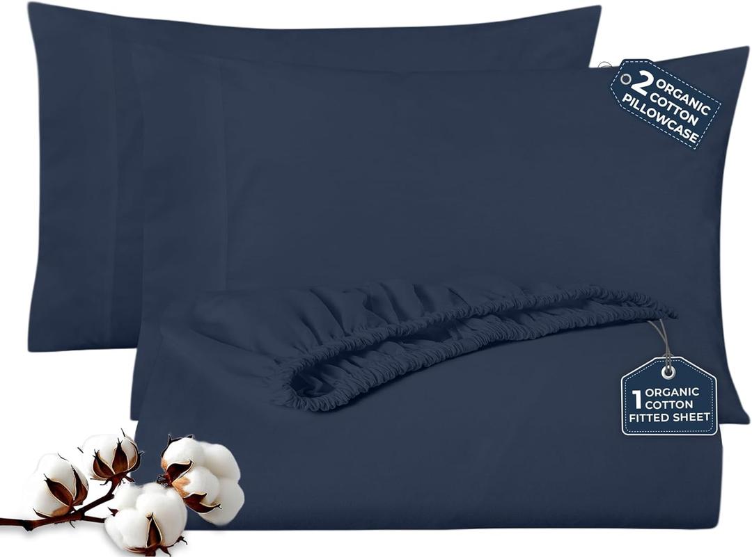 ROYALE LINENS Fitted Sheet with Pillowcases - Queen Fitted Sheets with 2 Pillowcases - 300 Thread Count 100% Organic Cotton - Fits Mattress Up to 18" Deep - Soft & Breathable - Navy (No Flat Sheet)