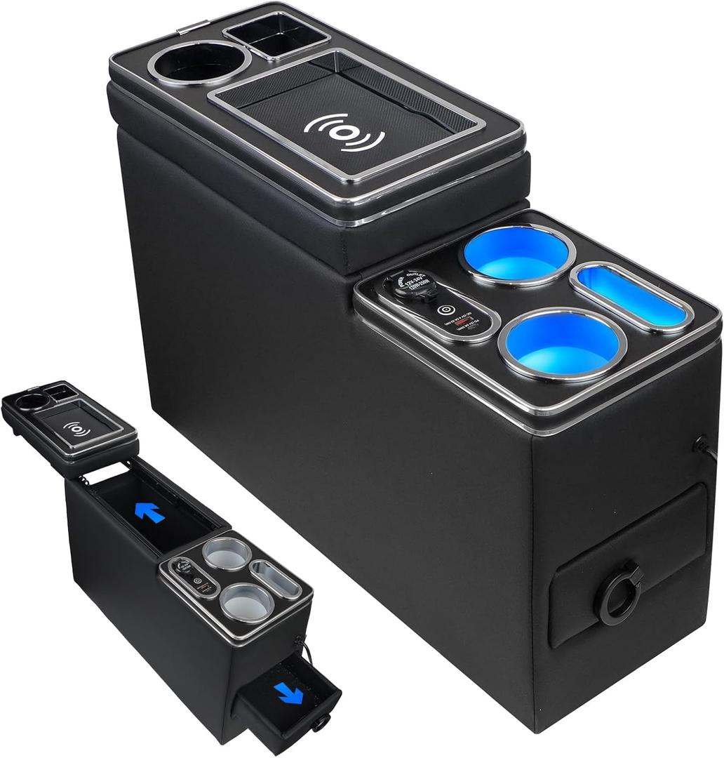Center Console Between Seat Organizer for Minivans & SUVs - with Wireless Charging Pad, Blue LED Ambient Light, Phone Holder & Cup Holders, Middle Van Floor Console Storage Box (Black)