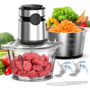 Electric Food Processor Chopper Meat Grinder - 8 Cup Veggie Chopper with 2 Bowls, 2-Speed, Bi-Level Blades, vegetable cutter For Vegetable, Nuts, Onion, Garlic, Baby Food & Family Use