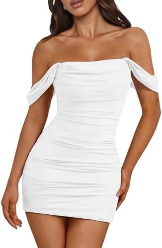 Trendy Queen Womens Mesh Off The Shoulder Ruched Mini Dresses Summer Party Bodycon Short Dress M