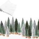Christmas Decor Bottle Brush Trees Set- 24PCS Assorted Artificial Mini Snow Pine Trees with Wood Base for Village Miniature Craft Decorations for Home Indoor Party (Include Small Snow Blanket)