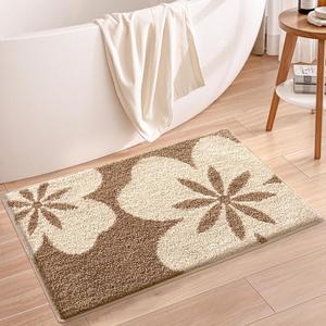 Flower Pattern Bath Rug Mat  Super Absorbent, Non-Slip Bathroom Carpet with Thick Plush, Soft and Durable for Bathroom, Bedroom, Kitchen, Living Room, Machine Washable (1'4" x 2' (Rectangular), Brown)