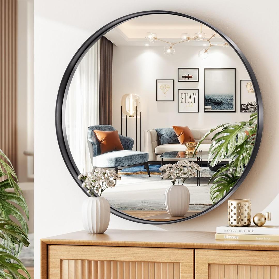 Hasipu Round Black Mirror 24 Inch, Vanity Mirrors for Bathroom Metal Framed Non-Rusting Aluminum Alloy Round Mirrors, Modern Decor Surface Mount (24"L x 24"W, Black Round)