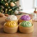 4Pcs Mini Dumpling Squishy, Glitter Dumpling Squishy Mystery Box, Dumpling Stress Ball Fidget Sensory Toy with Mini Food Steamer, Easter Basket Stuffers for Adults