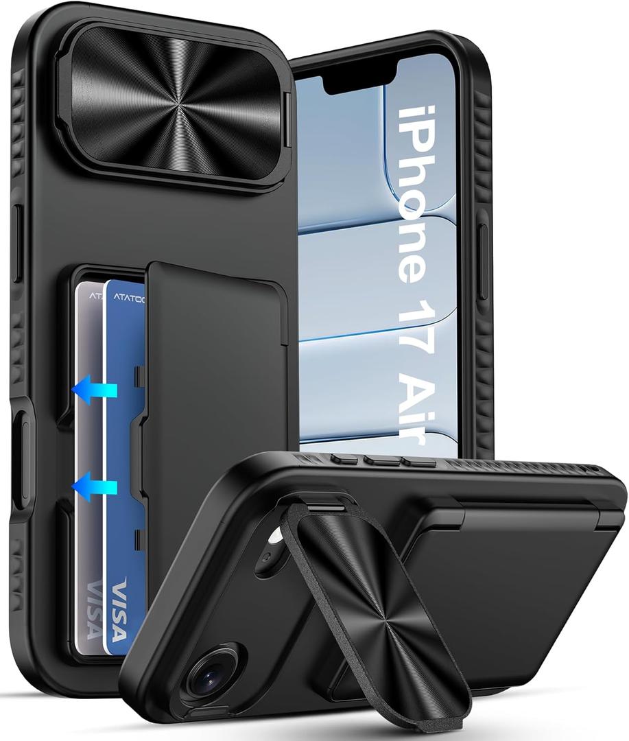 ATATOO for iPhone Air Case Wallet, Built-in Card Holder (3-5 Cards) & Stand & Camera Cover, Military Grade Protection Rugged Silicone Kickstand Phone Cover Case for iPhone Air 2025, 6.5", Black