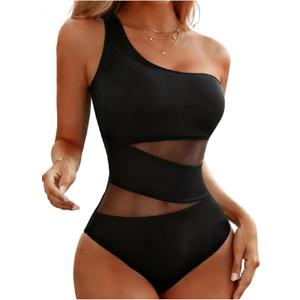 Tempt Me Women Black One Shoulder One Piece Swimsuits Full Coverage Cutout Mesh Sexy Bathing Suits Tummy Control Swimwear S