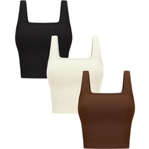 OLCHEE Women's 3 Pack Crop Tank Tops - Seamless Ribbed Sleeveless Square Neck Yoga Gym Shirts, Black Brown Beige Medium