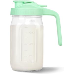 Mason Jar Pitcher, 32 oz Glass Milk Pitcher, Wide Mouth & Leakproof Glass Pitcher with Lid for milk, Sun Tea, Juice, Cold Brew Coffee and Drinks (Green)