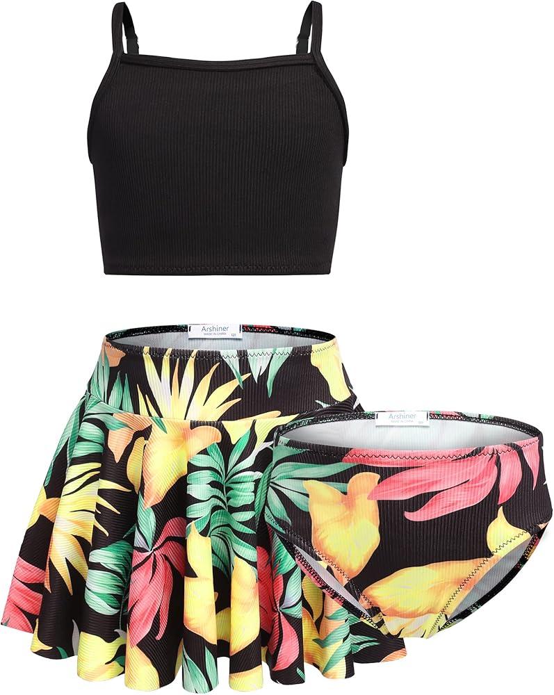Arshiner Girls 3 Piece Swimsuit for Teen Girl Tankini Swimsuits Bathing Suit Beach Floral Bikini Swimwear with Skirt, 150