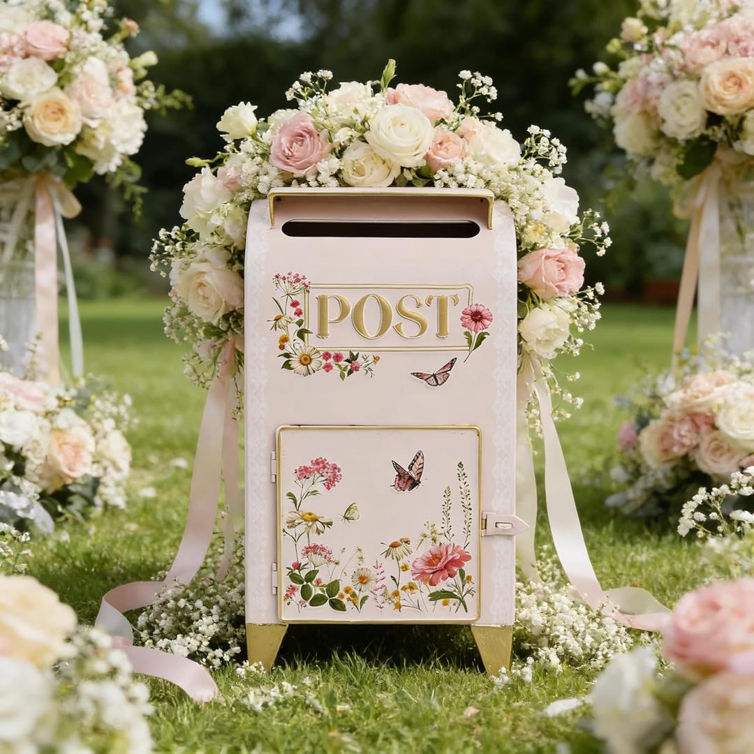 Vintage Wedding Mailbox with Lockable Door Decorative Pink Standing Post Box Large Metal Home Decor Mail Boxes for Wedding Cards Baby Birthday Shower Graduation Party Reception Gift (Pink)
