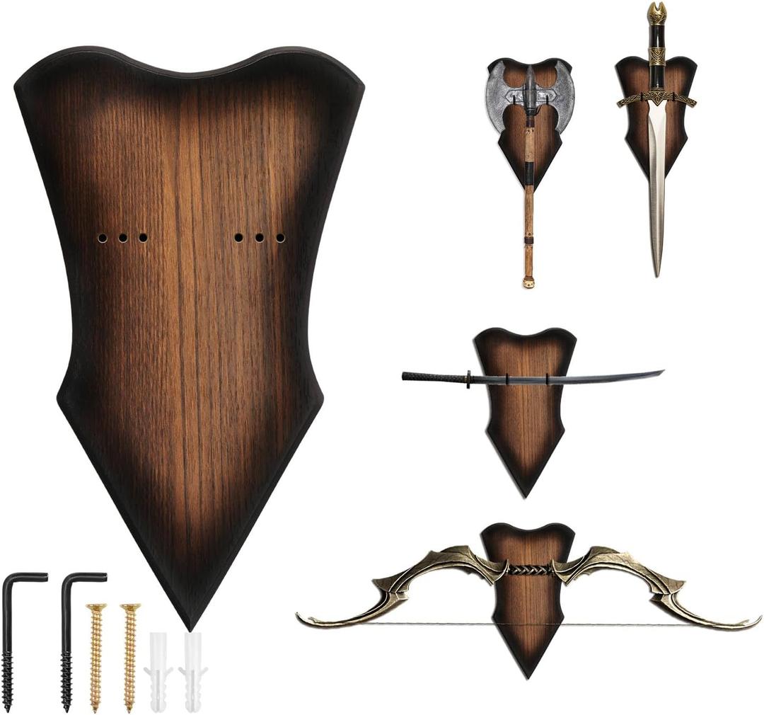 Sword Wall Mount Brown Swords Plaque Adjustable Vertical Sword Stand Multifunctional Wood Katana Wall Mount Stand for Displaying Medieval Bow Dagger Axe Anime Prop (Brown,S)