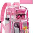 Heavy Duty Clear Backpack for Women Men Boys Girls, Large TPU Clear Bookbag with Accessories, Transparent See Through Backpack for School Sport College Work Travel Security, Pink