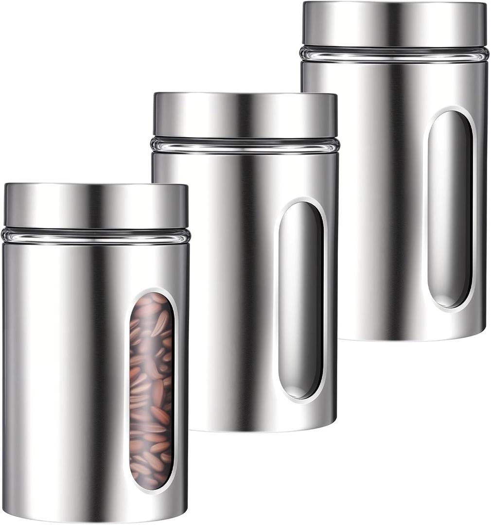 3 Pack Large Kitchen Canisters Set Airtight Coffee Sugar Tea Candy Storage Jars with Window Glass Stainless Steel Containers with Lids for Flour Cookies Spices Grains Kitchen Decorations(32 oz)