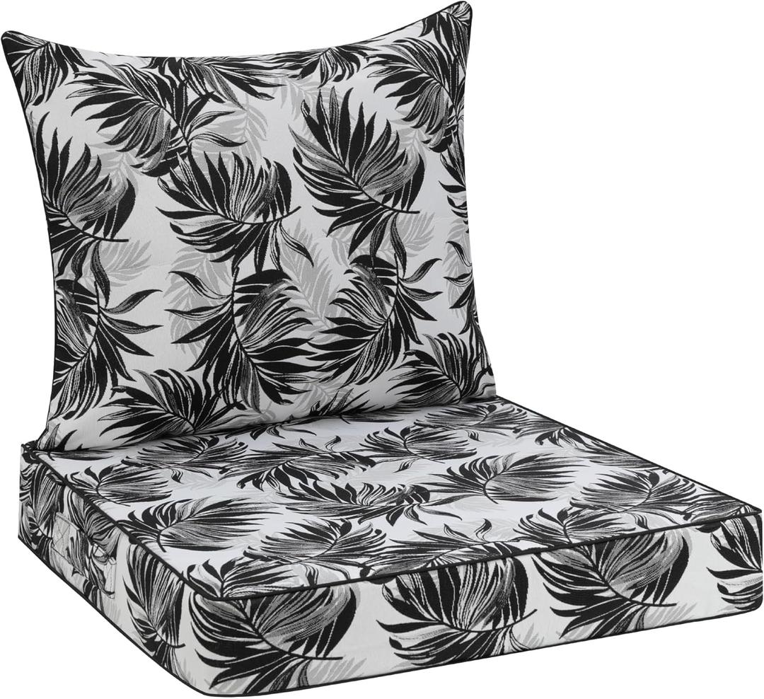 Favoyard Outdoor Seat Cushion 22 x 22 x 3 in Waterproof Pattern Fade Resistant Cover Removable Patio Furniture Cushions Deep Seat & Back Cushion Set with Adjustable Straps for Patio Chair Sofa Couch (White Floral)