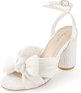 Ankis White Gold Bow Heel Chunky Wedding Shoes for Bride 3.15 Inch High Heel Open Toe Ankle Buckle Strap Dressy Pleated Kont Women Shoe Party Graduation Event Summer 7.5