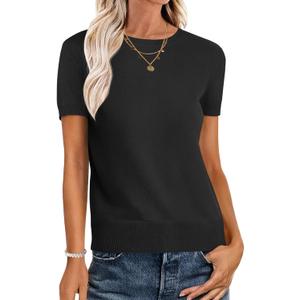 ANRABESS Womens Short Sleeve Sweaters Wool Blend Crew Neck Sweater Shirts Business Casual Work Tops 2026 Summer Outfits (Medium, Black)
