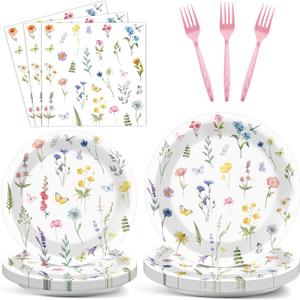 96 Pcs Wildflower Party Plates and Napkins Floral Theme Party Decorations Flower Paper Plates Disposable Dessert Tableware Set Spring Summer Bridal Shower Wedding Tea Birthday Supplies 24 Guests
