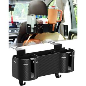 Car Headrest Backseat Cup Holder 3.7" with Organizer, High Capacity 4 in 1 Seat Back Organizer with Headrest Hooks, Multifunctional Storage for Car Travel Accessories Compatible with Most Vehicles (GREY+BLACK)