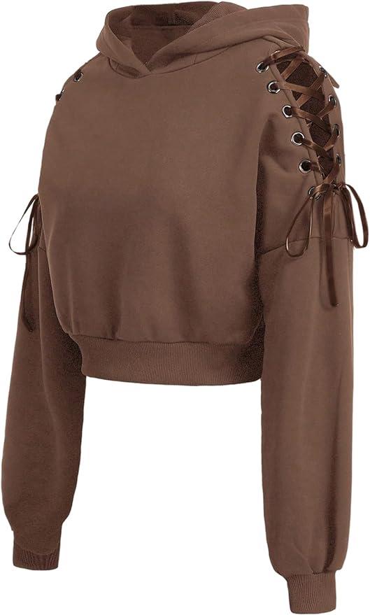 MakeMeChic Women's Cat Ear Hoodie Sweatshirt Lace Up Long Sleeve Y2k Cute Pullover Crop Tops Brown Small