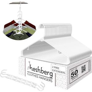 Hooks Plastic Hangers with Cascading Magic Space Saving Collapsible Extenders Closet Storage Rack Organizer for Everyday Use on Shirts, Coats, Pants, Dress, Skirts, Etc. (50 Pack) (White) (9x16)