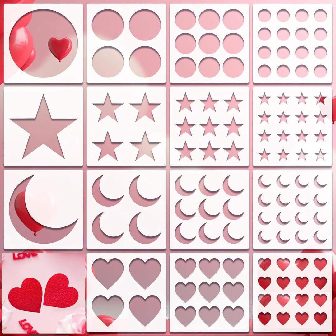 16 Pcs Reusable Painting Stencils for Adults, 4 Sizes Heart Moon Star Circle Templates for DIY Crafts, Drawing on Canvas, Wood, Fabric, Wall Decor (Not a Toy)