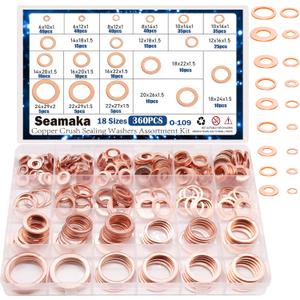 360PCS Crush Washer Oil Drain Plug,18 Sizes Copper Crush Washers Assortment Kit,Automotive Oil Pan Drain Plug Gasket M6 M8 M10 M12 M14 M16 M18 M20 M22 M24
