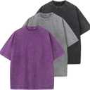 Men's Cotton T-Shirts Oversized Unisex Short Sleeves Casual Loose Wash Solid Basic Tee Tops (XX-Large, A-purple+grey+black)