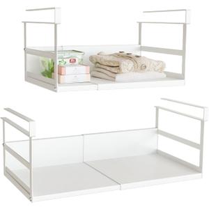 Expandable Under Cabinet Shelf Organizer with 1.25 Inches Thick Clips, Heavy Duty Extendable Under Shelf Storage Basket for Pantry or Laundry Room, White, 2 Pack, Interior: 5.7" H x 8.54" D
