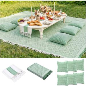 Extra Large Outdoor Boho Picnic Blanket with Table Runner and 6 Throw Pillows Covers for Outdoor Essentials Beach Accessories Basket Set Oversized Manta Yard Outside Mat Wedding Party Decor Sage Green