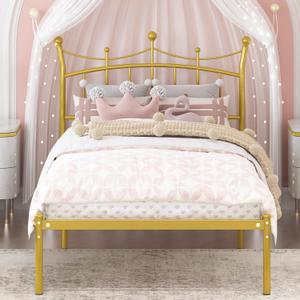 Twin Bed Frames for Kids, Twin Size Bed with Crown-Shaped Headboard Easy Assembly No Box Spring Needed Heavy Duty Metal PlatformGold