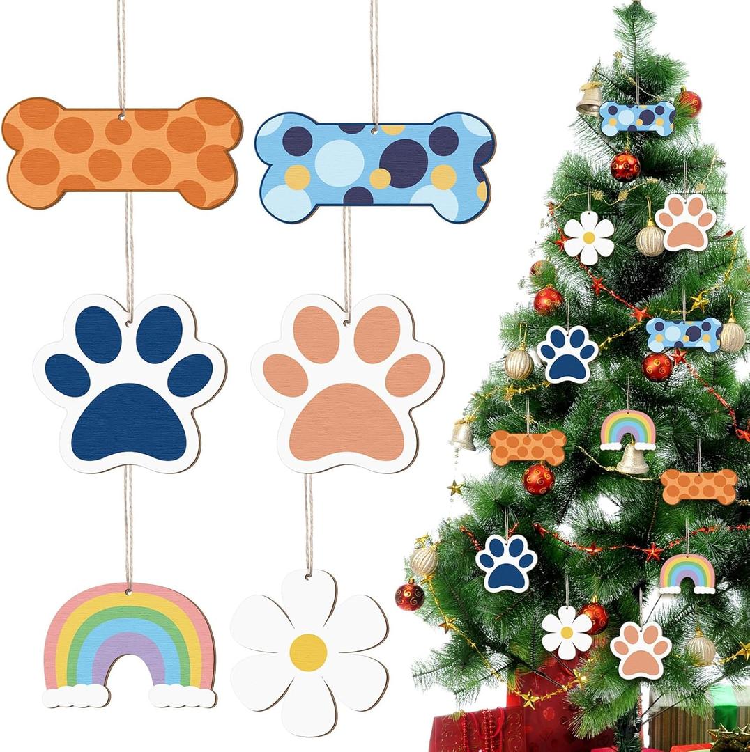 Chunful 24 Pack Cartoon Orange Blue Dog Christmas Tree Ornament Wooden Puppy Dog Paw Rainbow Daisy Xmas Hanging Decorations for Christmas Cartoon Party Winter DIY Craft
