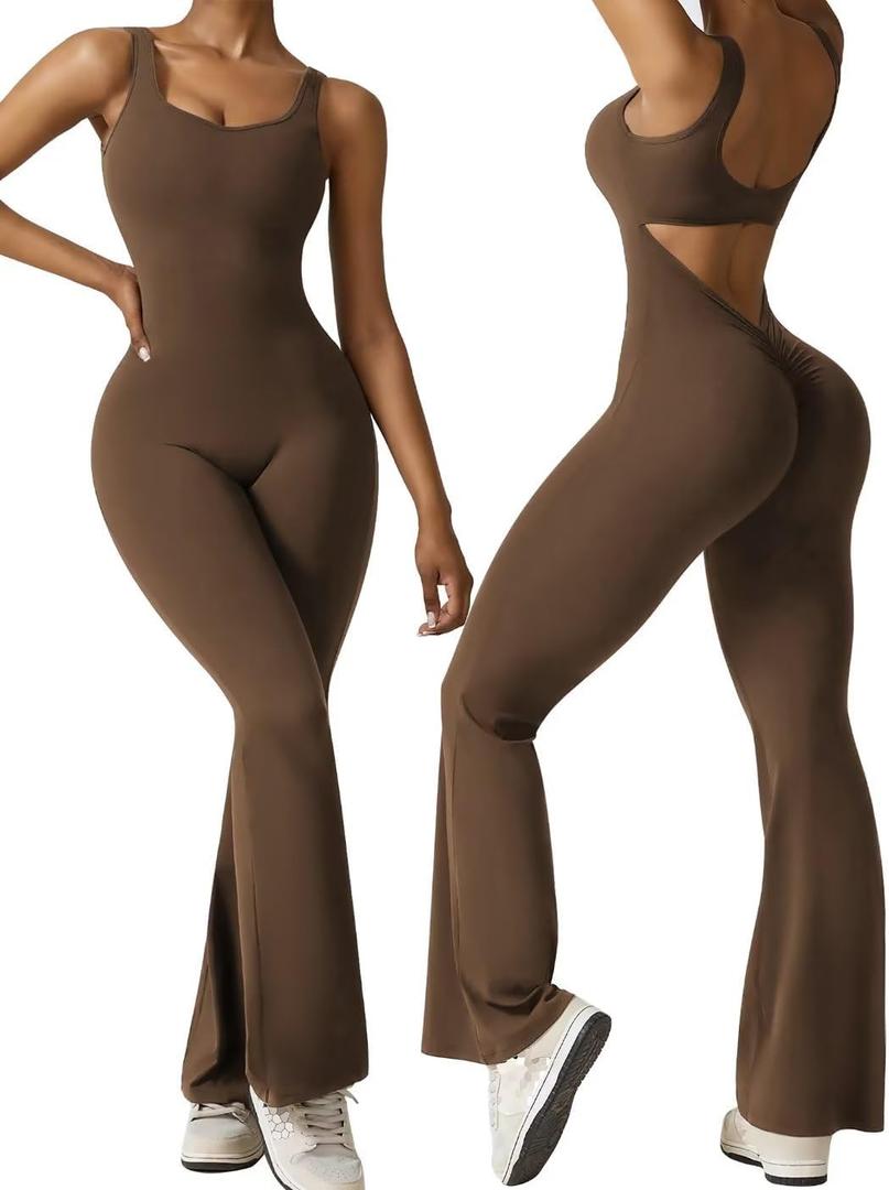 Vertvie Sleeveless Flare Jumpsuits for Women Sexy Backless Bodycon V Back Scrunch Butt Yoga Rompers Seamless Workout Bodysuit (Small, Coffee)